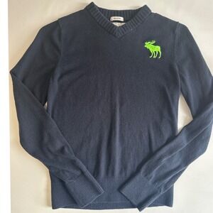 Abercrombie Kids Sweater XL V Neck Navy Blue Green Moose‎ Logo Long Sleeve Y2K